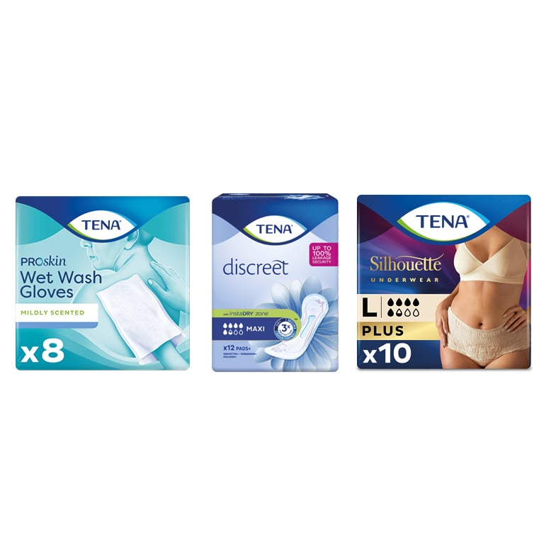 Combi Product: Tena Wet Wash Gloves + Discreet Maxi + Silhouette HW Creme Large