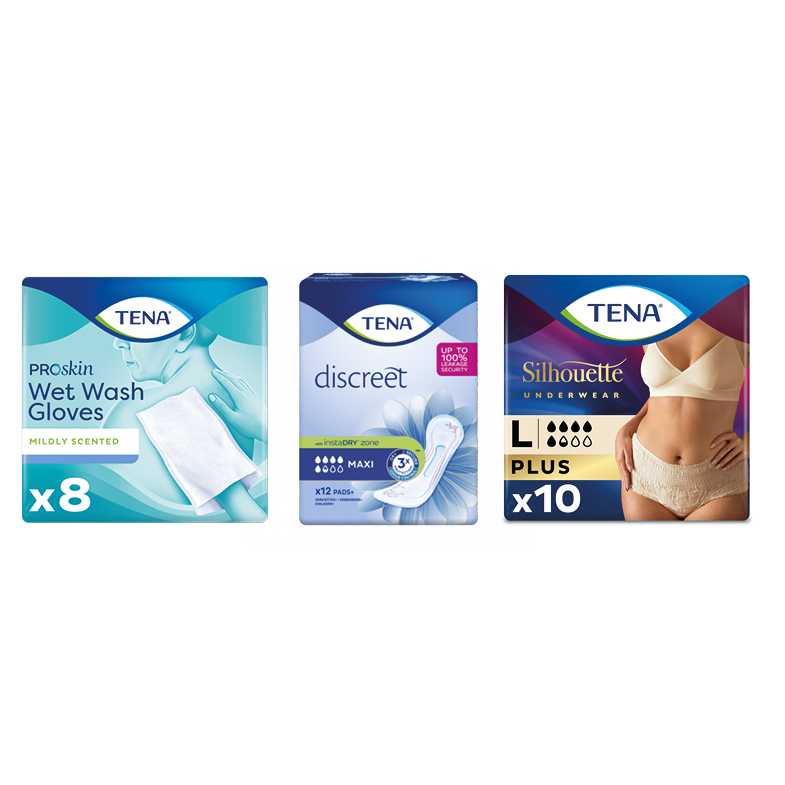 Combi Product: Tena Wet Wash Gloves + Discreet Maxi + Silhouette HW Creme Large