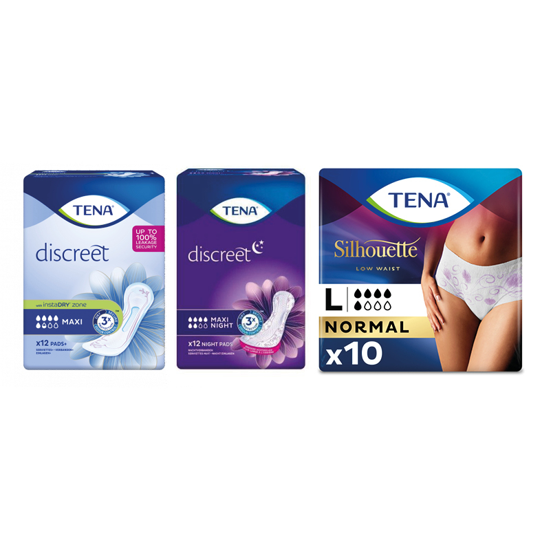 Combi Product: Tena Discreet Maxi + Discreet Maxi Night + Silhouette Low Waist Blanc Large