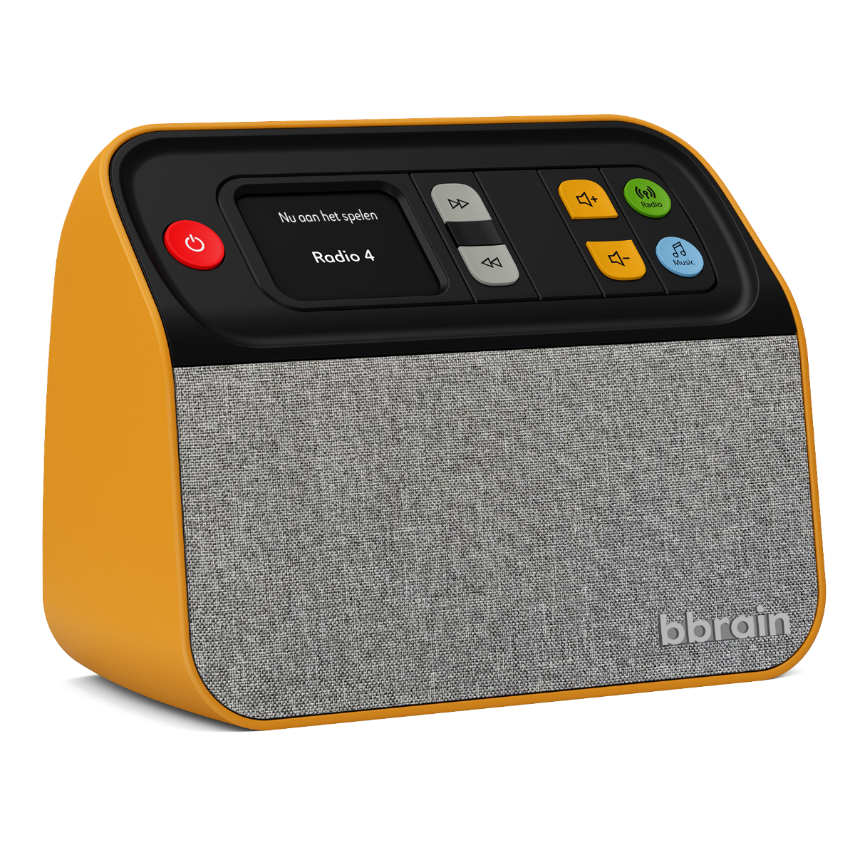 BBrain Muziekspeler - Hulpmiddelen voor ouderen met dementie - Eenvoudige DAB+ Senioren radio - Dementie radio - Zelfstandig te bieden met één knop - Okergeel